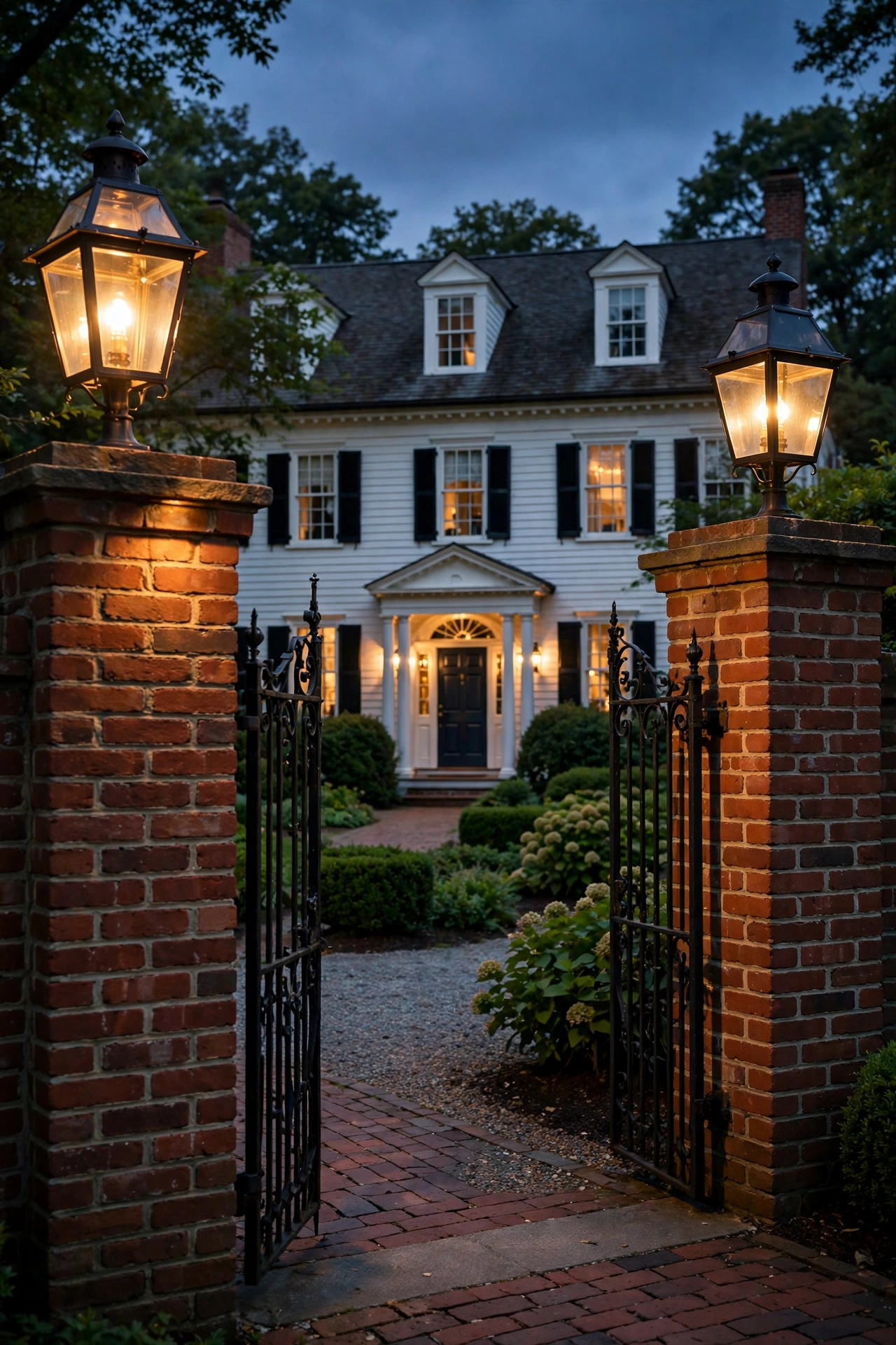 Lantern lights mounted on brick gate piers framing a colonial home entrance at dusk
