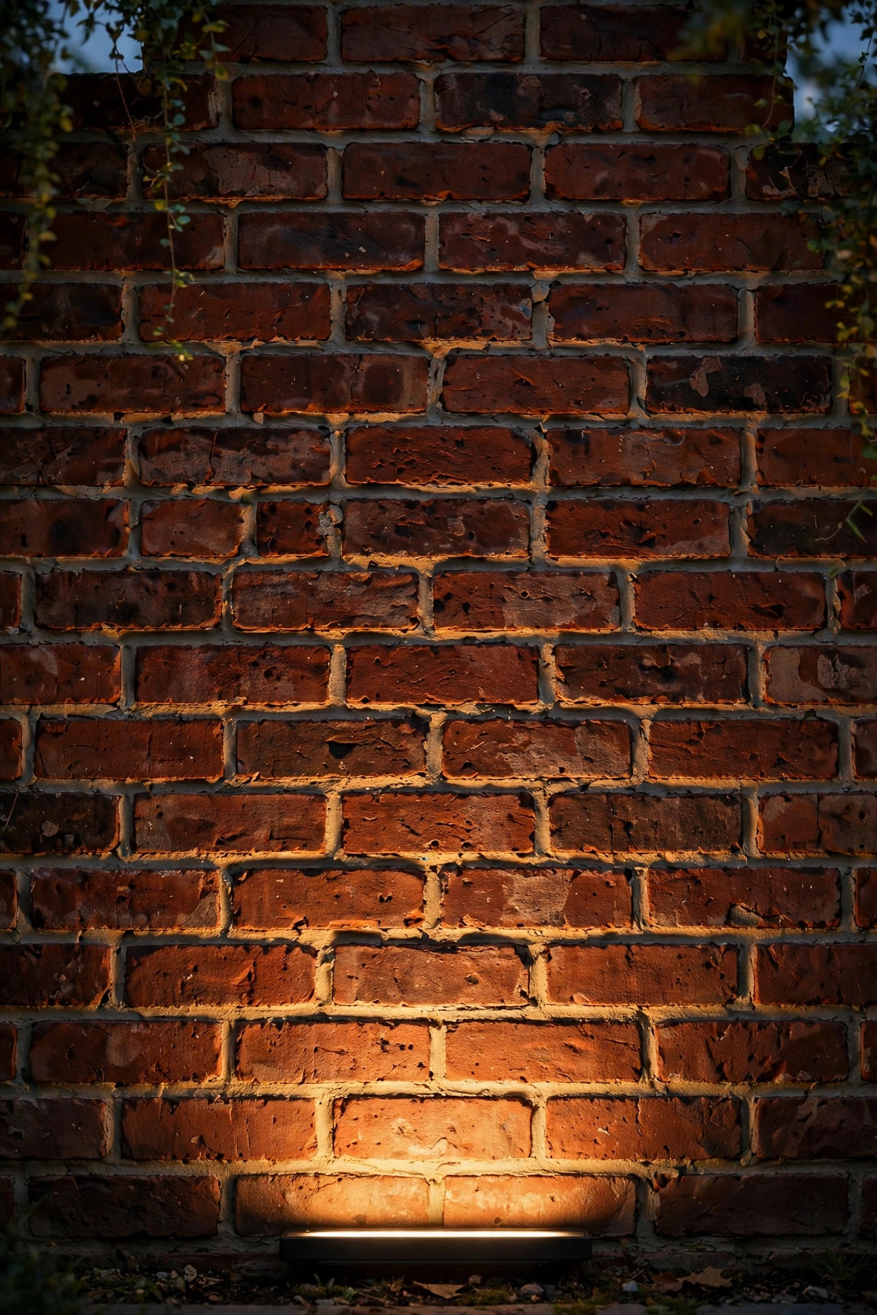 Brick wall washed with warm grazing light from a low fixture revealing rich texture as a photo backdrop