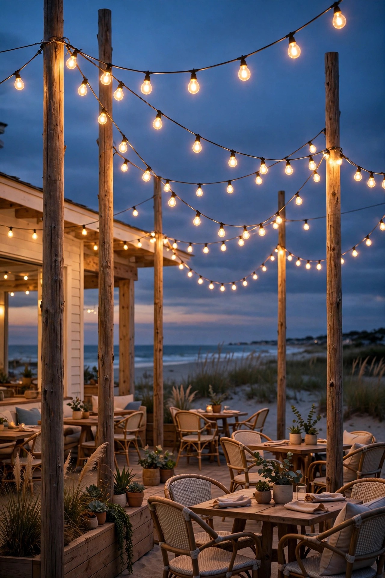 Cafe string lights swagged between tall poles over an open beach house patio at dusk