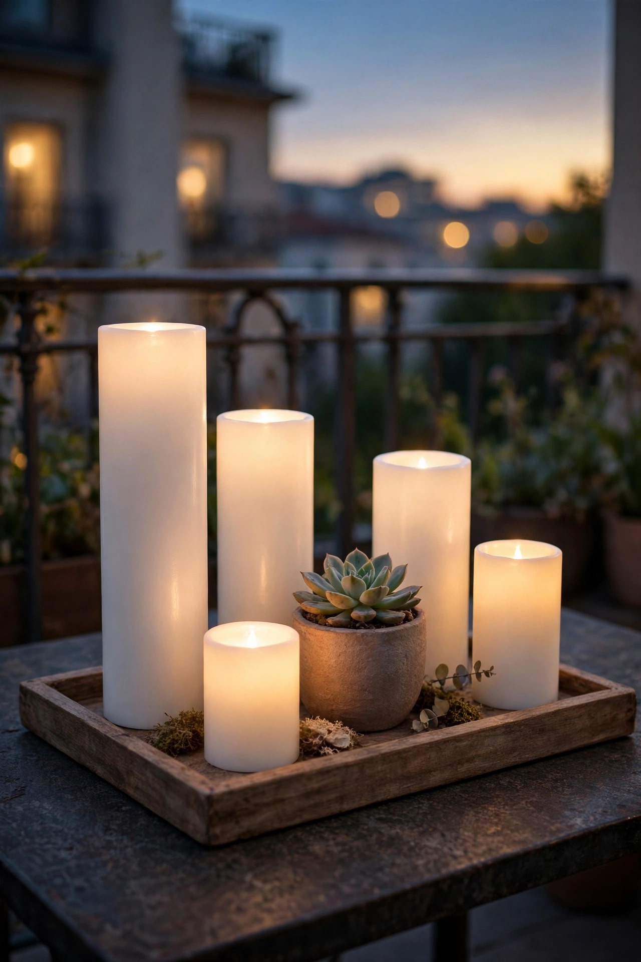 Tray with flameless candles of different heights and a small succulent as a balcony table centerpiece