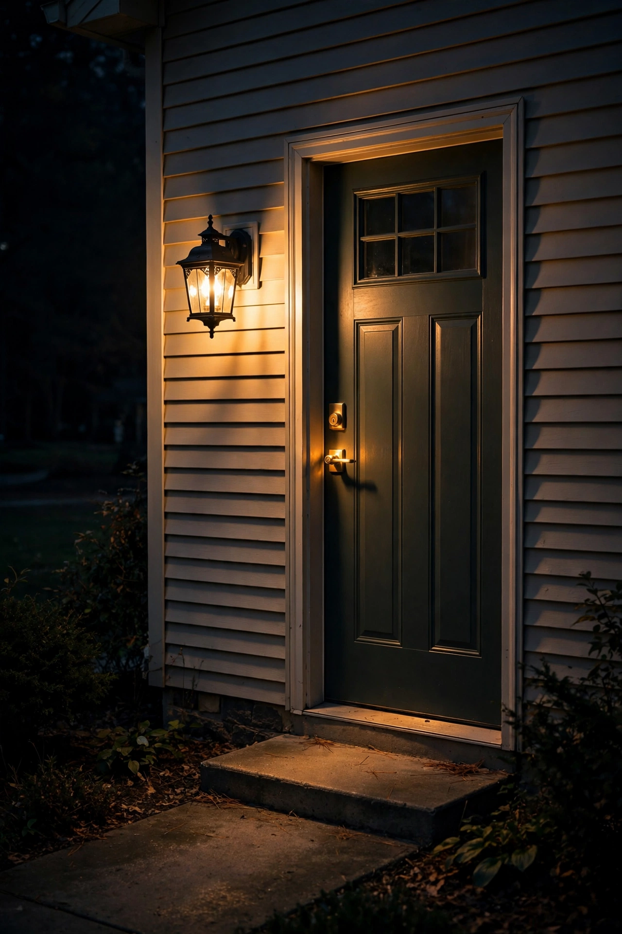 Small carriage lantern glowing beside a garage side entry door at night