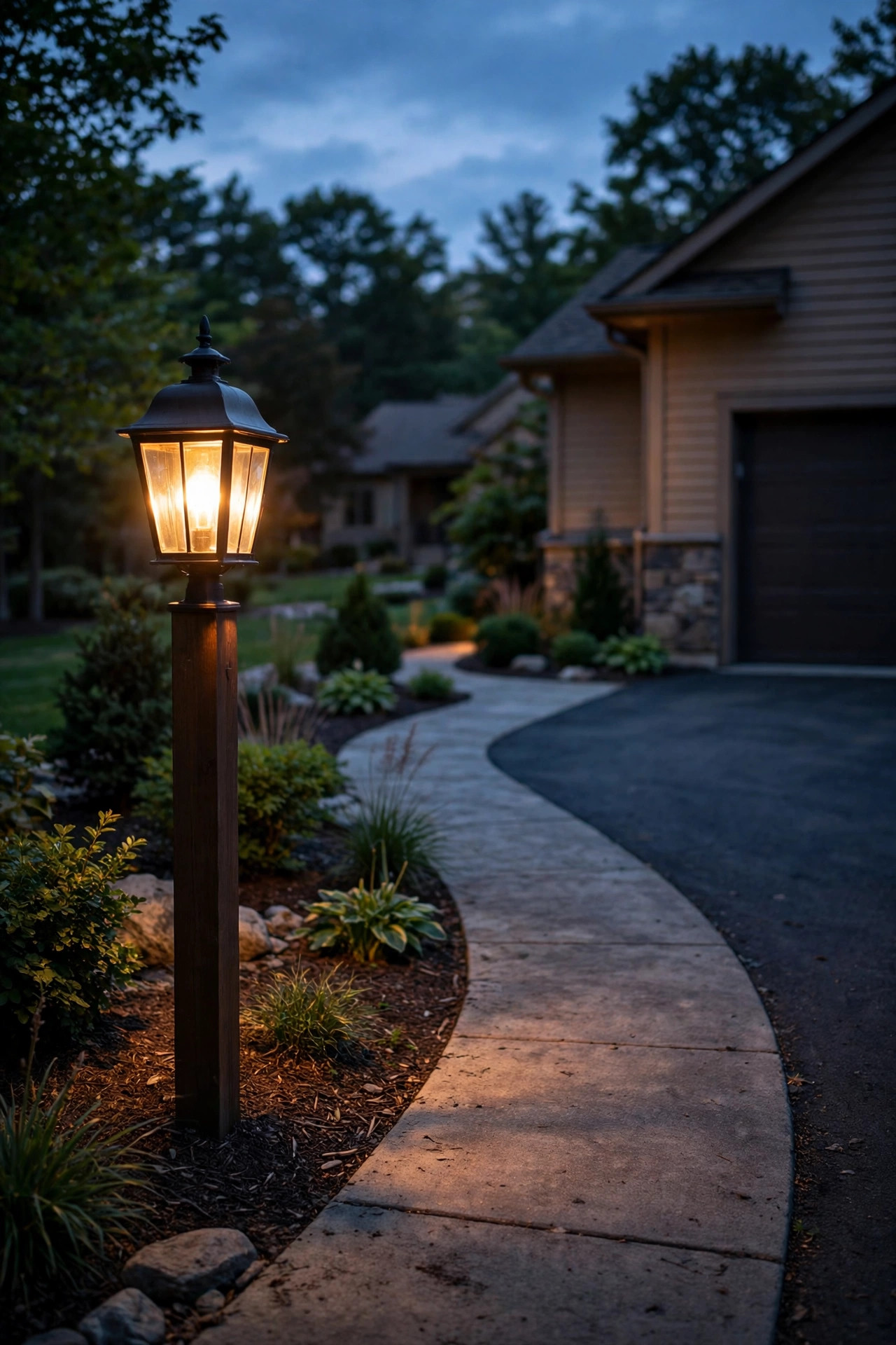 Coach lantern post light glowing at the start of a front walkway beside a driveway at dusk