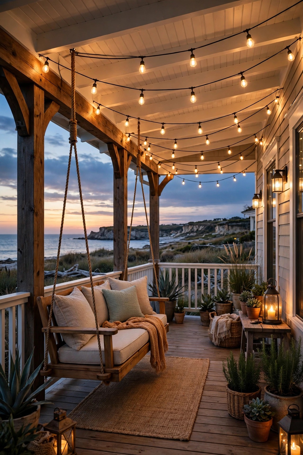 Full coastal porch glowing at dusk with layered lighting, a porch swing and string lights