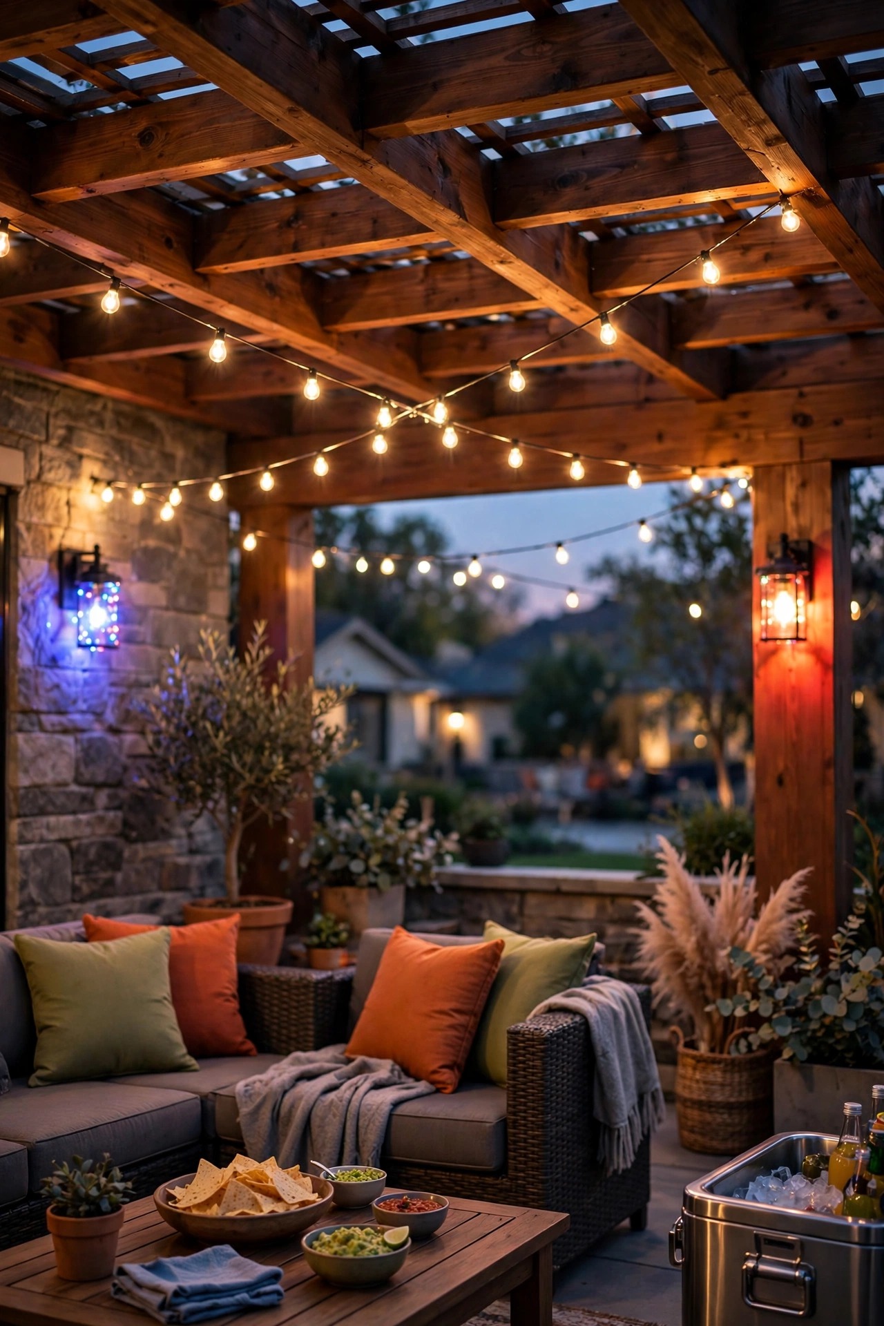 Covered patio sconces glowing in festive colors for a game day party with warm white string lights