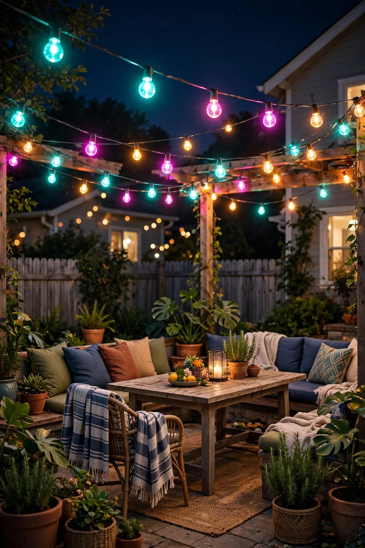Color-changing smart patio lights glowing in festive colors at night