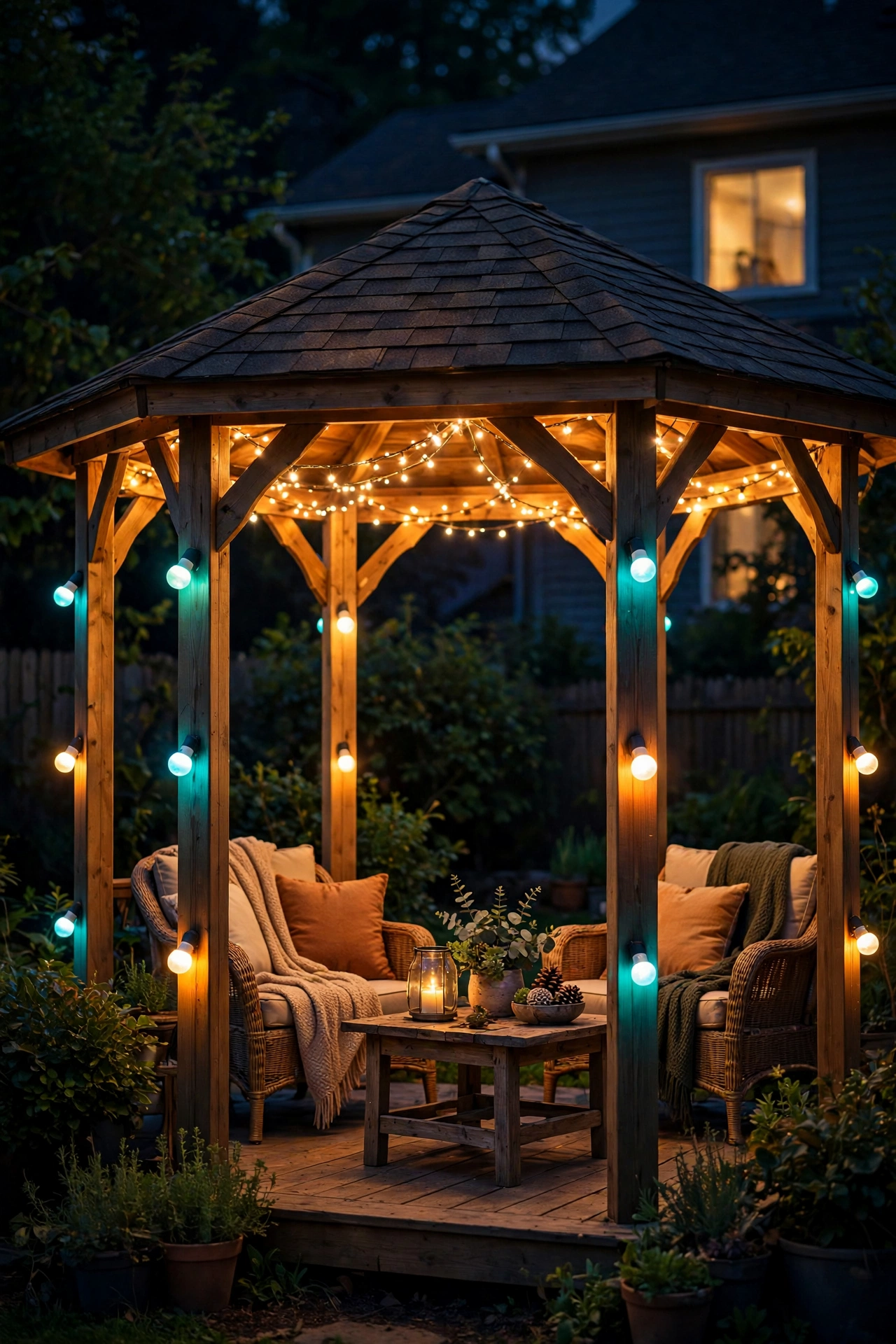 Gazebo lit with color changing smart bulbs in festive party mode at night