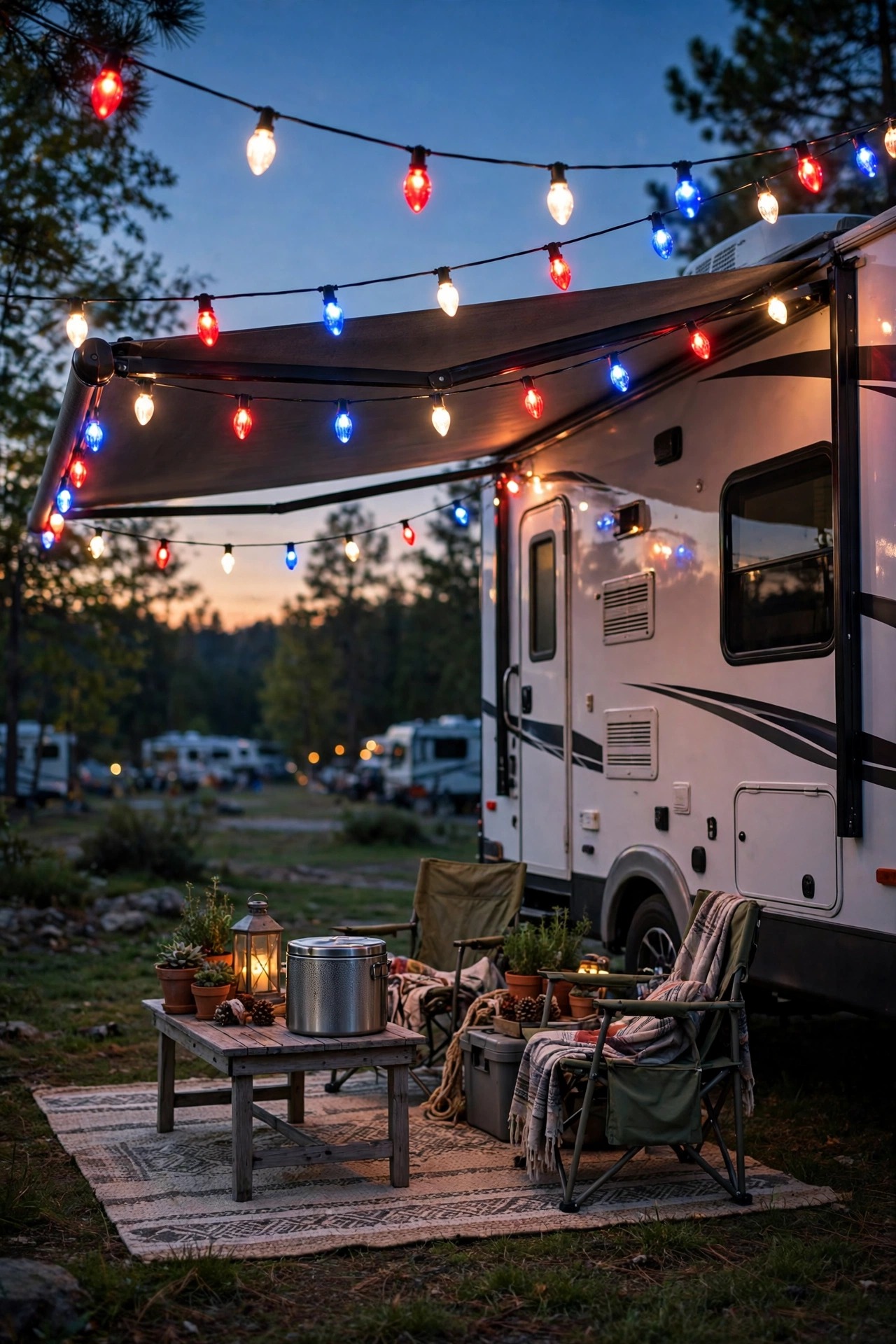 Color-changing string lights in red white and blue over an RV patio on a holiday weekend