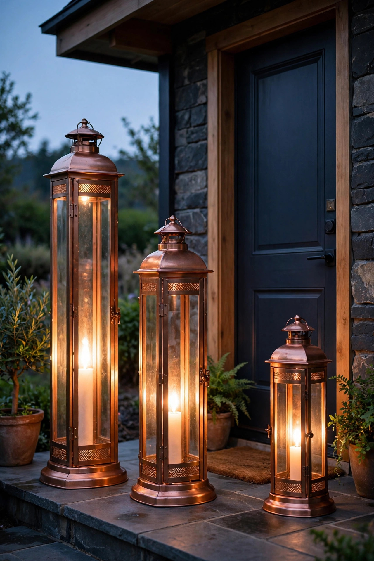 Trio of tall copper floor lanterns in graduated heights glowing beside a front door on a porch landing