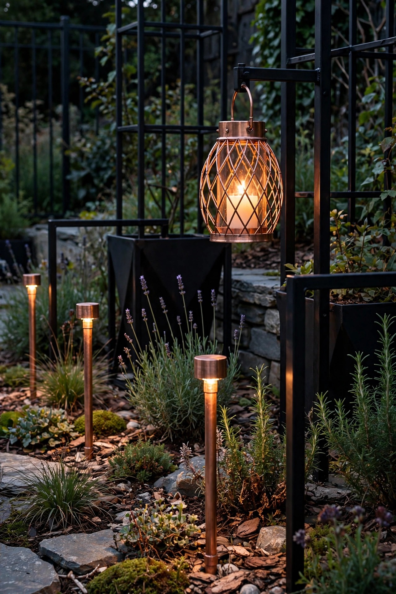 Copper pipe stake lights and a copper cage lantern glowing warm among black steel fixtures in a garden