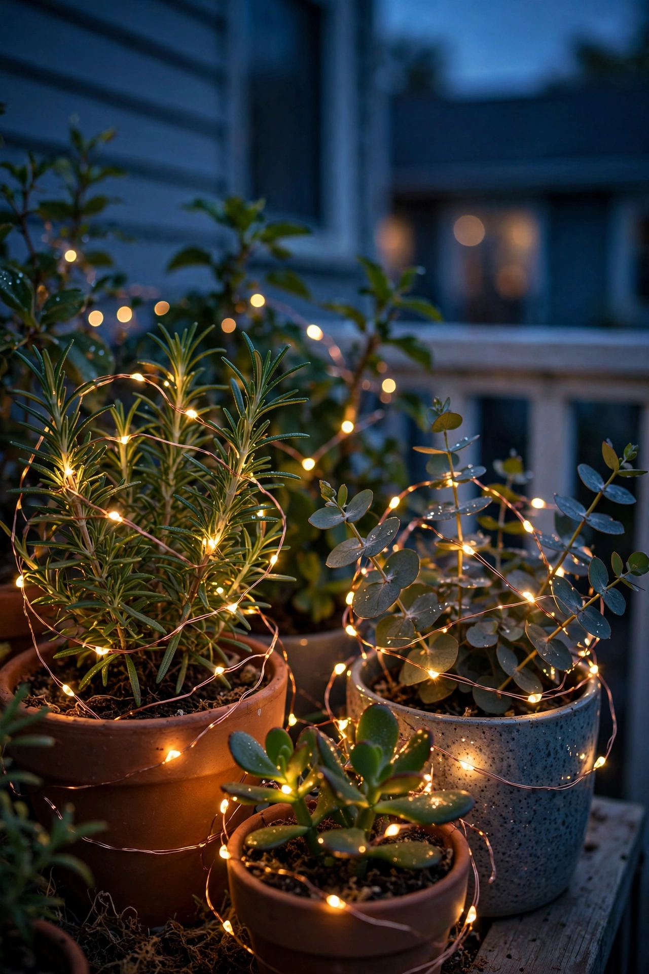 Copper wire fairy lights wrapped around balcony planters glowing at night
