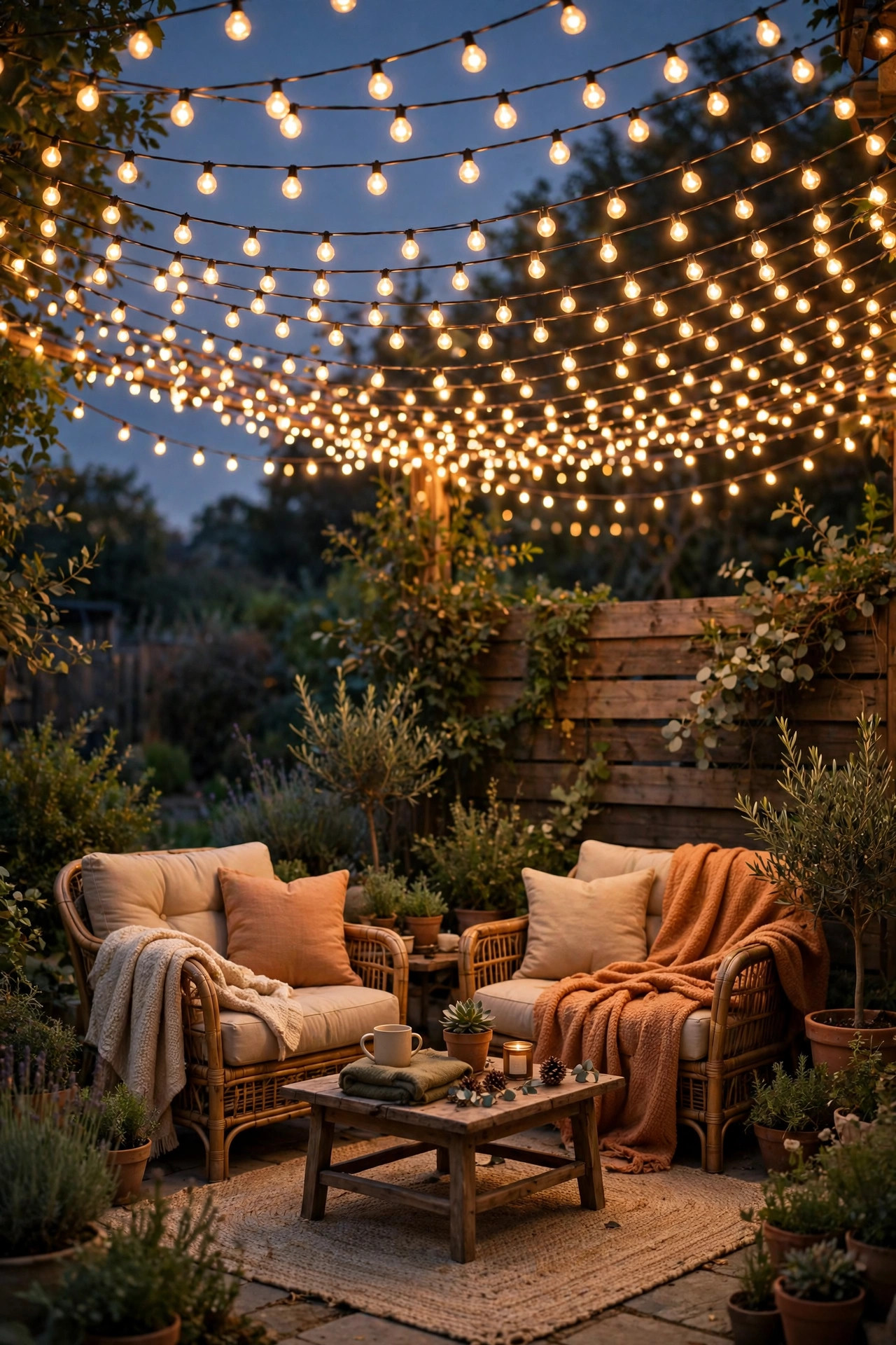 Cozy backyard seating corner at dusk under a dense tent of warm string lights with cushioned chairs and blankets