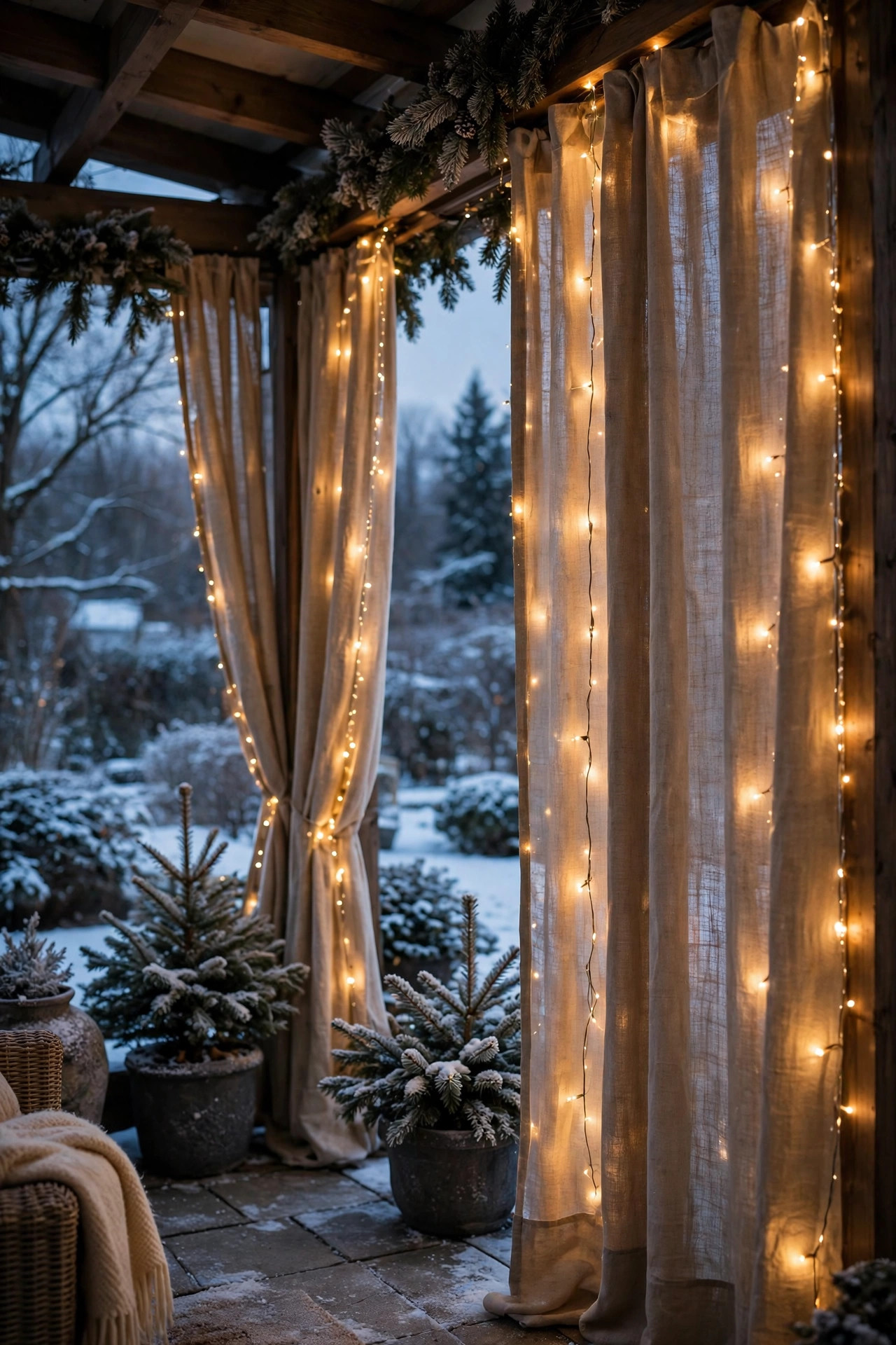 Outdoor curtains with fairy lights woven through them glowing along the edge of a covered winter patio