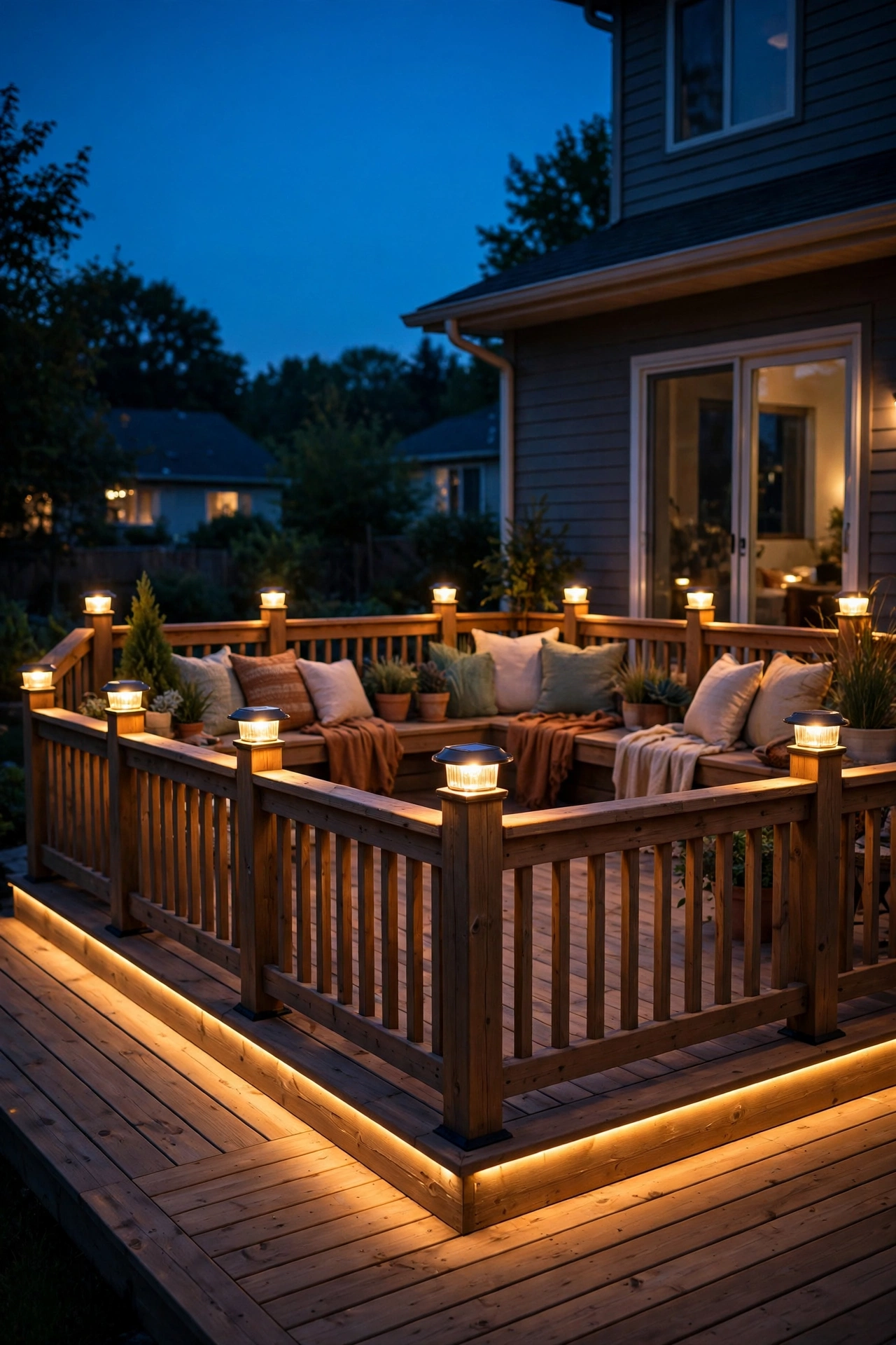 Solar cap lights glowing on deck railing posts around a patio at dusk
