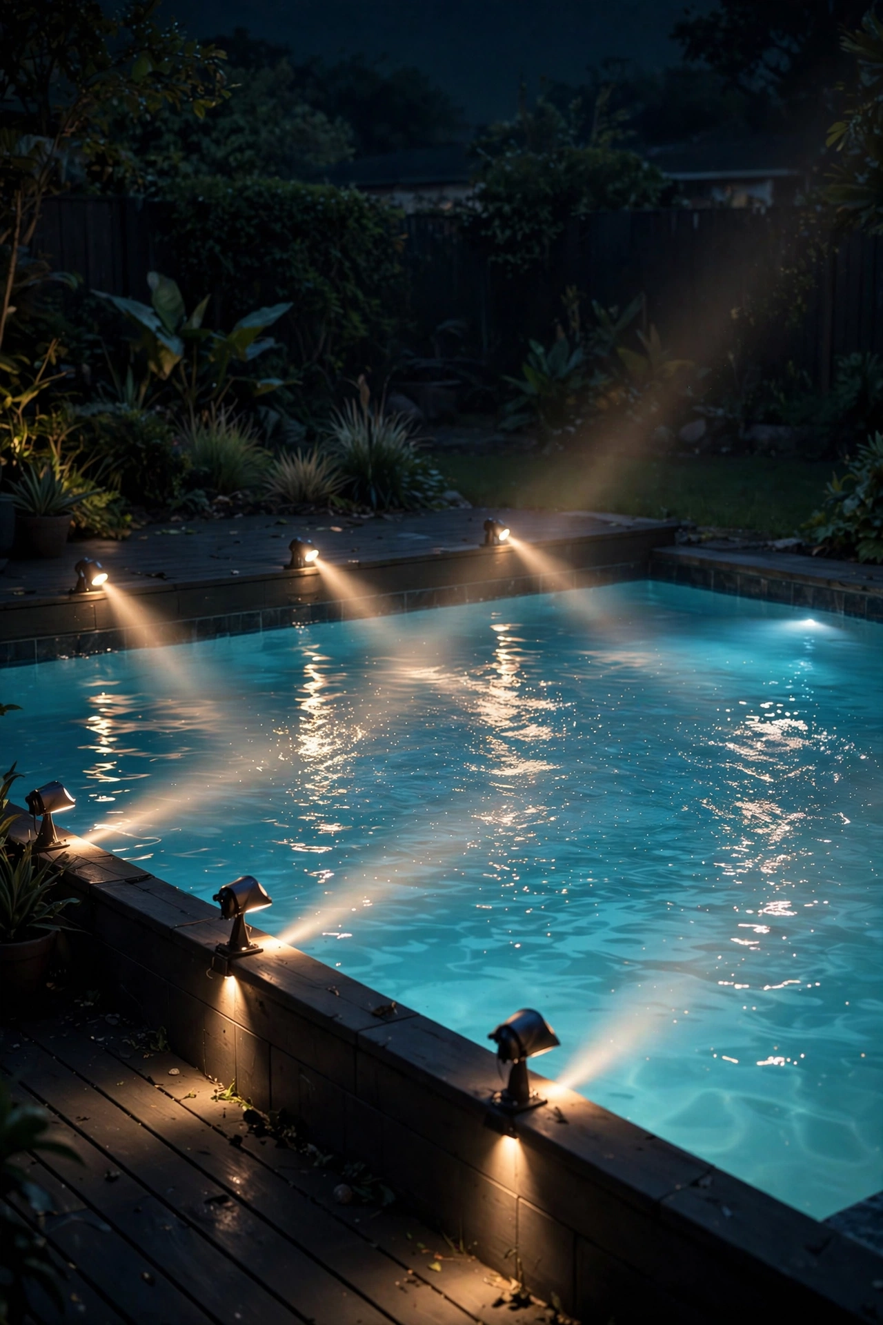 Deck-mounted spotlights washing light across a pool surface at night