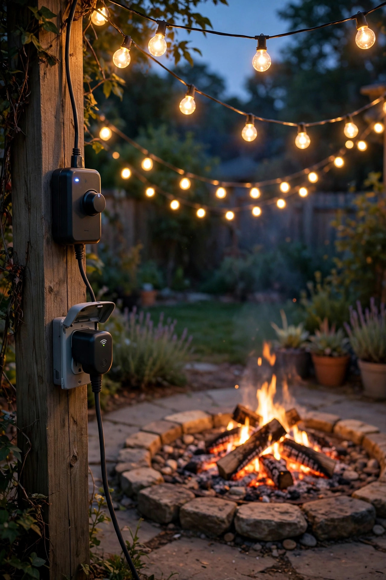 Outdoor smart plug and dimmer controlling string lights over a fire pit circle at dusk