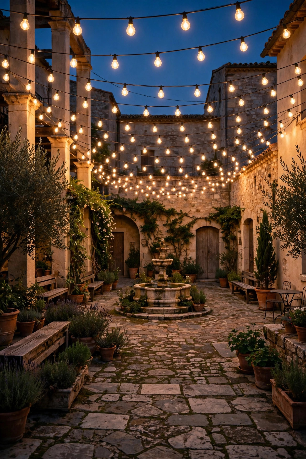 Warm string light canopy glowing at a soft dimmed level over a courtyard in the late evening