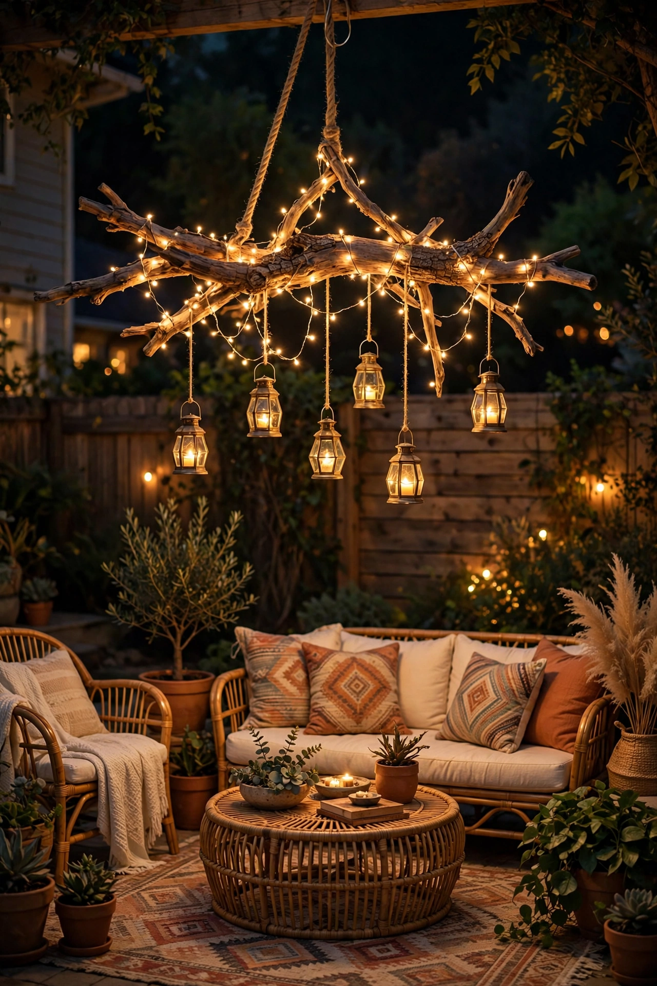 DIY chandelier made from a driftwood branch with draped fairy lights and hanging lanterns
