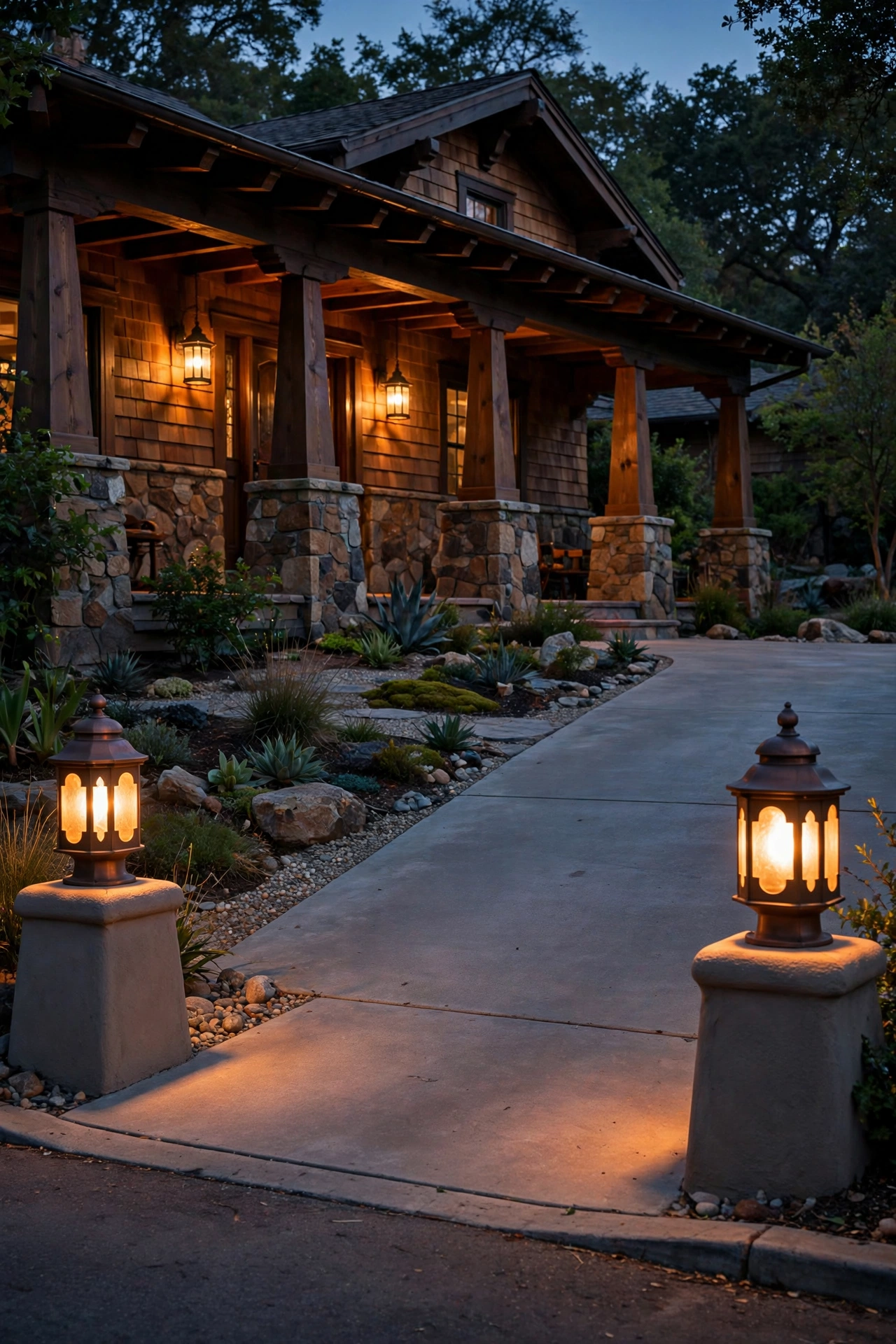 Mission-style bollard lights flanking the driveway apron of a craftsman bungalow at night