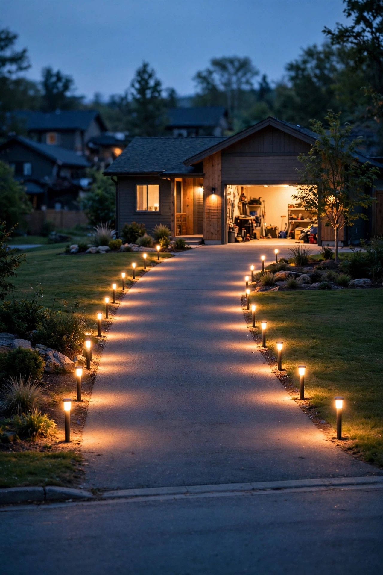 Warm edge lights lining the full length of a driveway at dusk, leading from the street to a small house with a lit garage