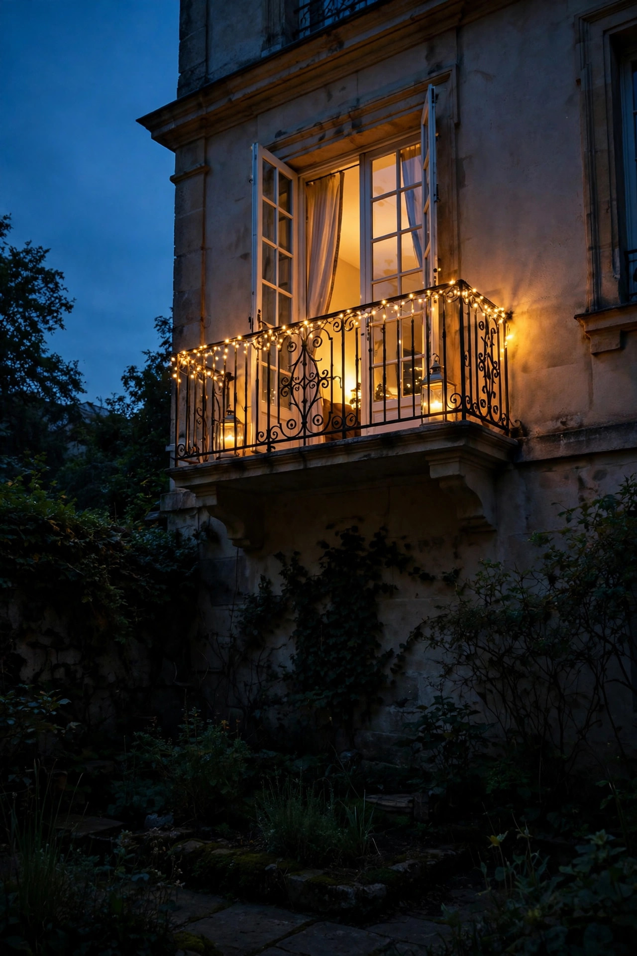 Fully layered narrow lot garden at dusk with path lights, fence wash, string lights and uplighted plants along the corridor