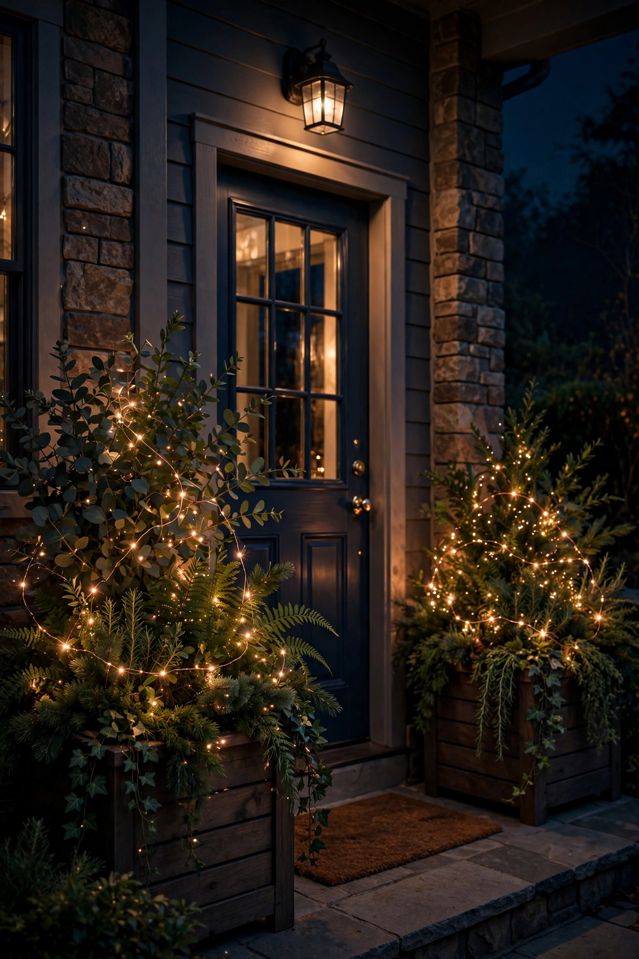 Fairy lights woven through entry planters glowing beside a front door at night