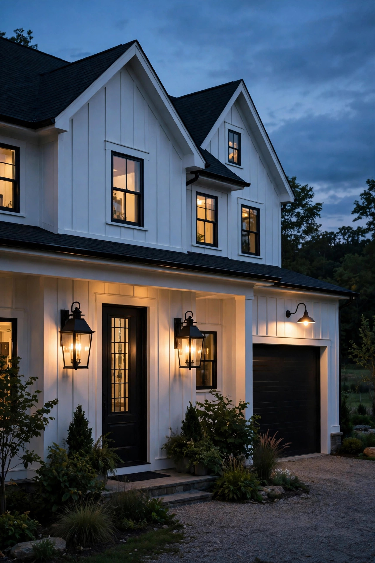 Large white farmhouse with oversized black lantern sconces beside a tall front door and a gooseneck light over the garage at dusk