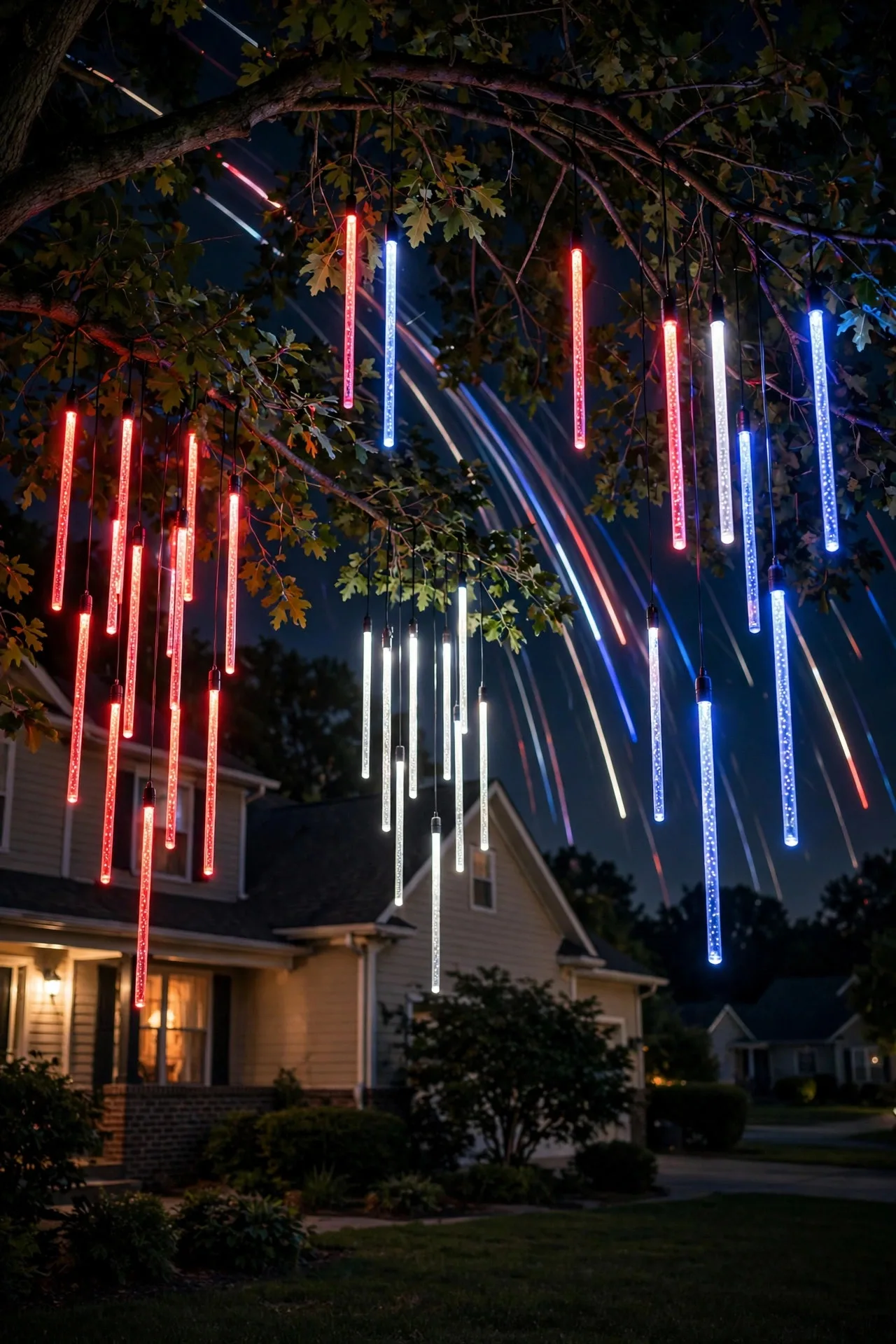 Red, white, and blue meteor tube lights hanging from tree branches like fireworks