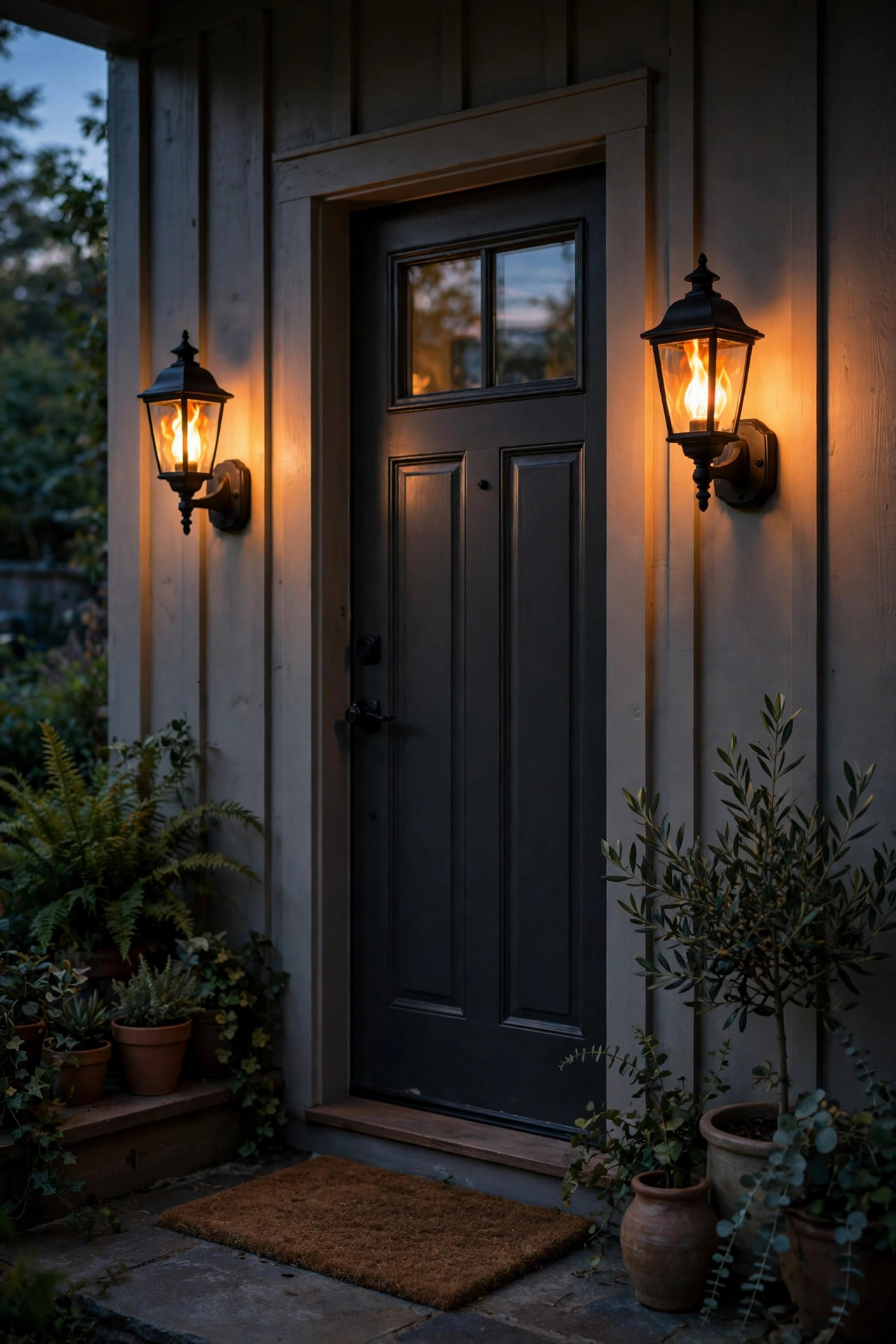 Porch wall sconces with flickering flame effect LED bulbs glowing orange beside a back door at dusk