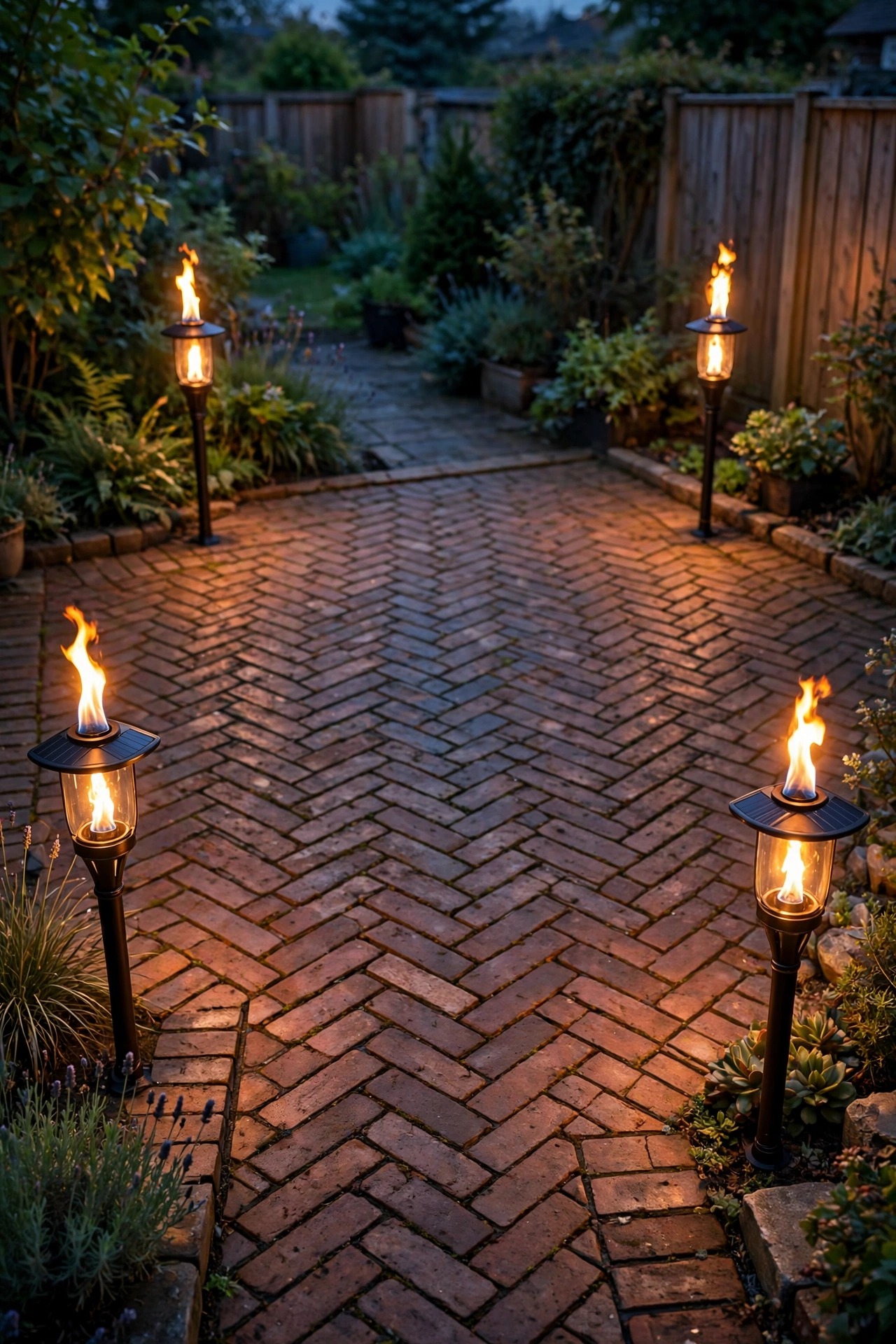 Solar flame torches flickering warmly at the corners of a brick patio at dusk