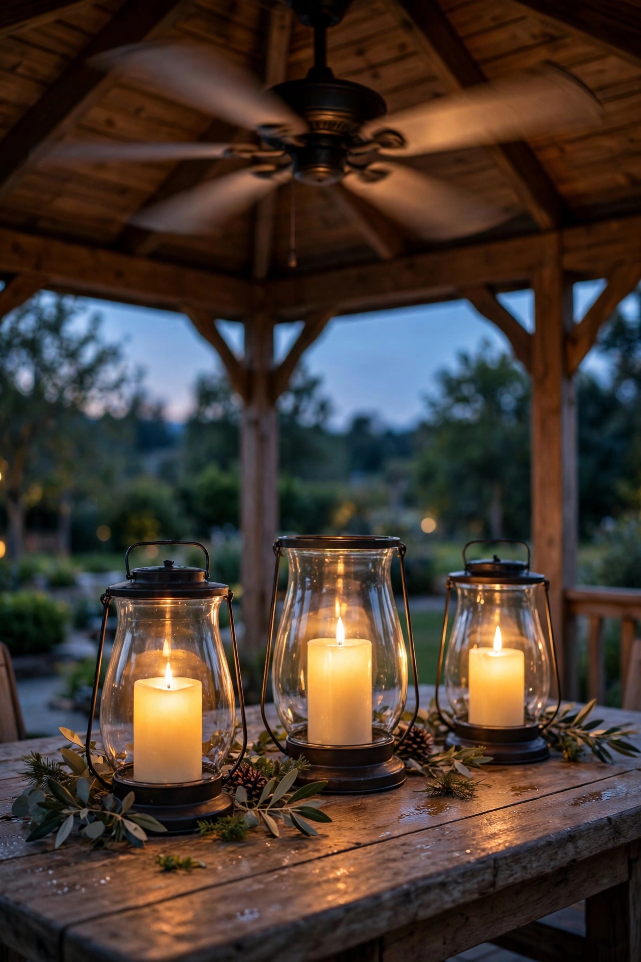 Flameless flickering candles in hurricane lanterns on a gazebo table under a softly spinning ceiling fan