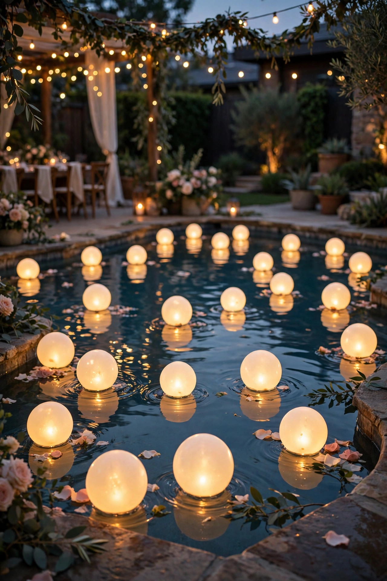 Glowing LED orbs floating on a backyard pool at dusk during a wedding reception