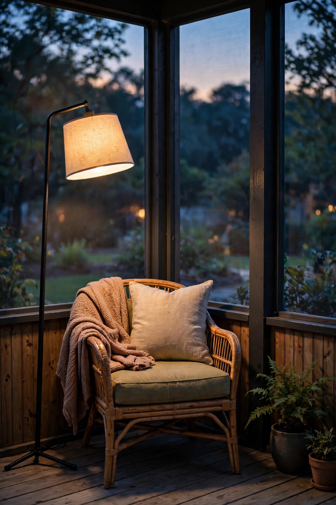 Damp-rated floor lamp casting a warm pool of light over a reading chair in a screened porch corner