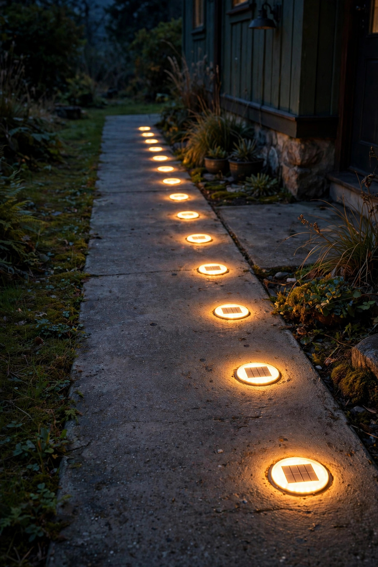 Flush solar marker discs glowing flat along the edge of a very narrow concrete front path at night