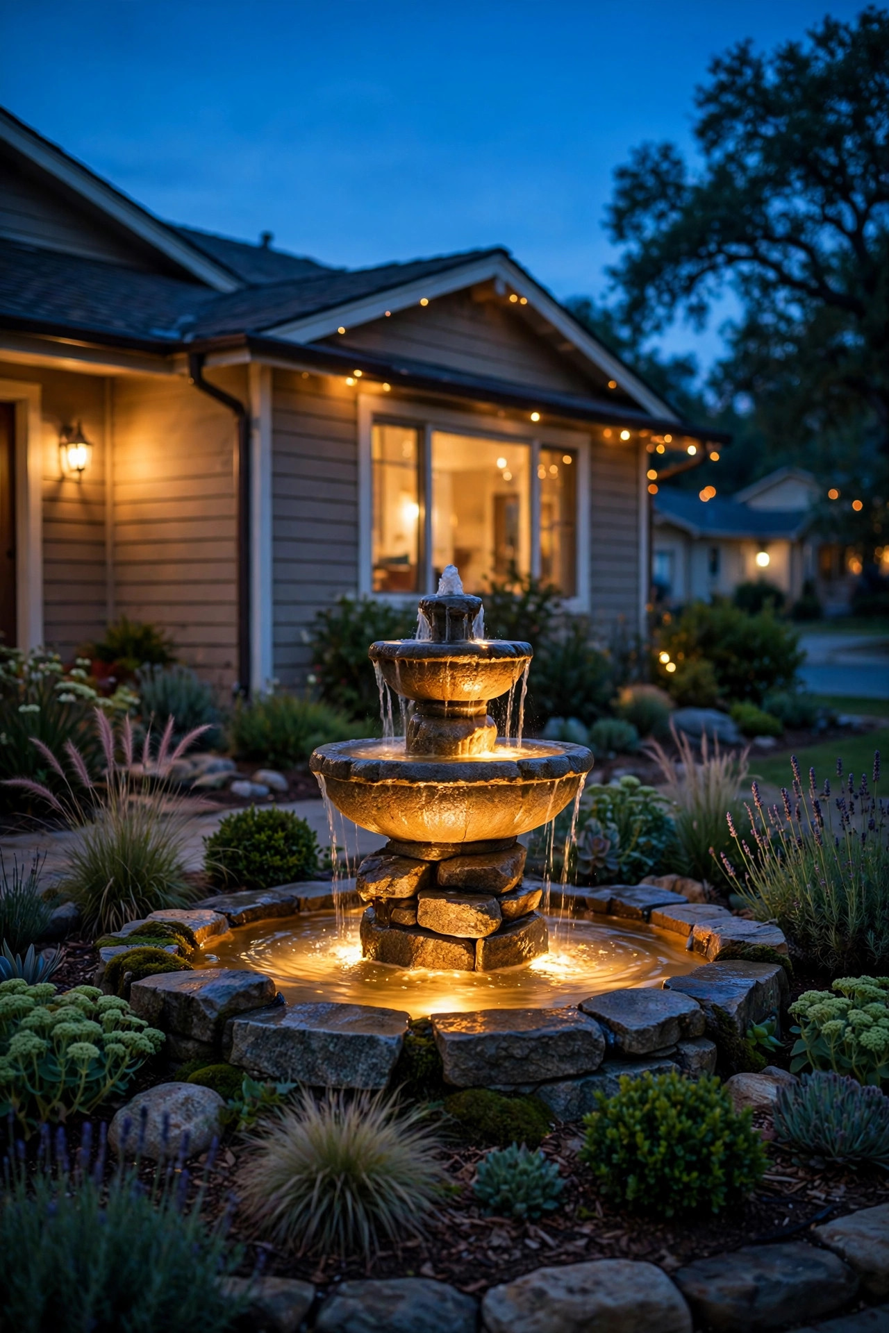 Small front yard fountain glowing with warm underwater light as the focal point of a ranch home garden bed