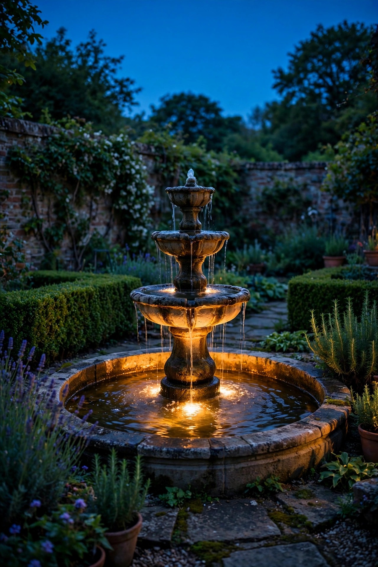 A garden fountain glowing warmly from a submersible light at night, the focal point of a traditional garden