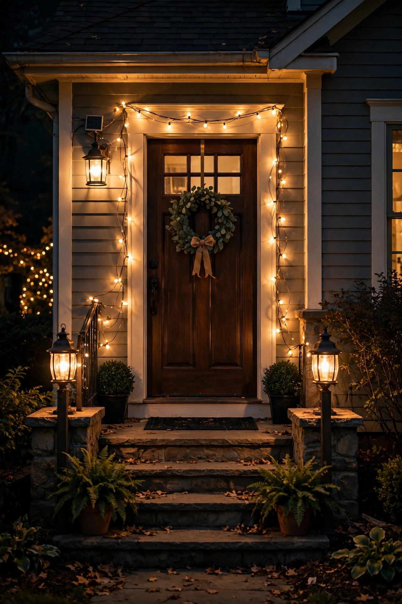 Solar string lights outdoor layered around a front door frame with wired lanterns glowing warmly at night