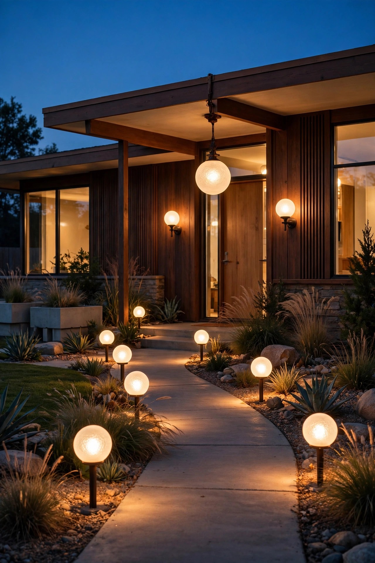 Frosted globe motif repeated in path lights, door sconces and a pendant across a mid-century modern front yard