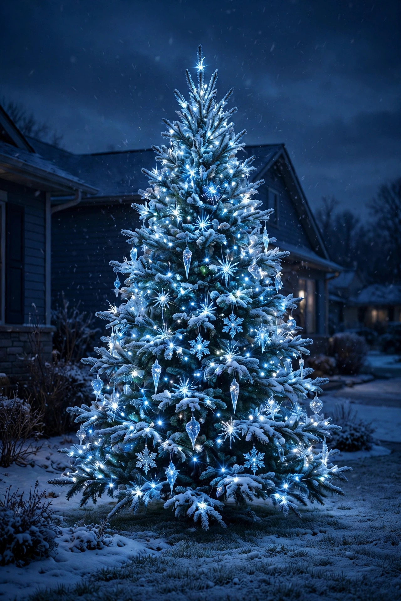 Blue and white winter wonderland Christmas tree glowing frosty in a front yard at night