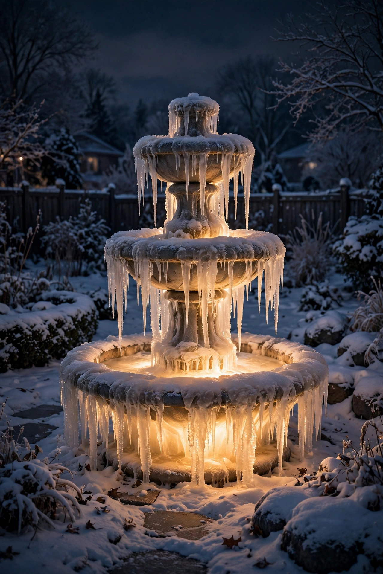 Frozen garden fountain glowing with warm spotlight on ice formations at night