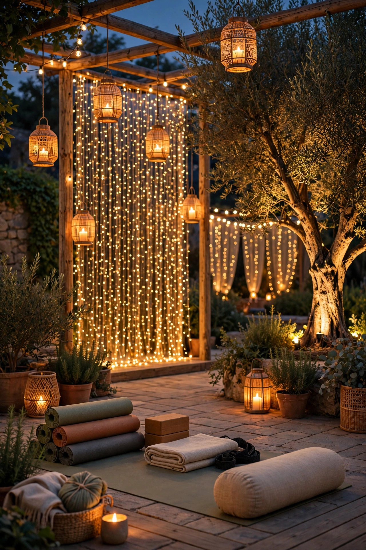 Complete outdoor yoga space at night with lanterns, fairy light backdrop, uplighted tree and string light curtain