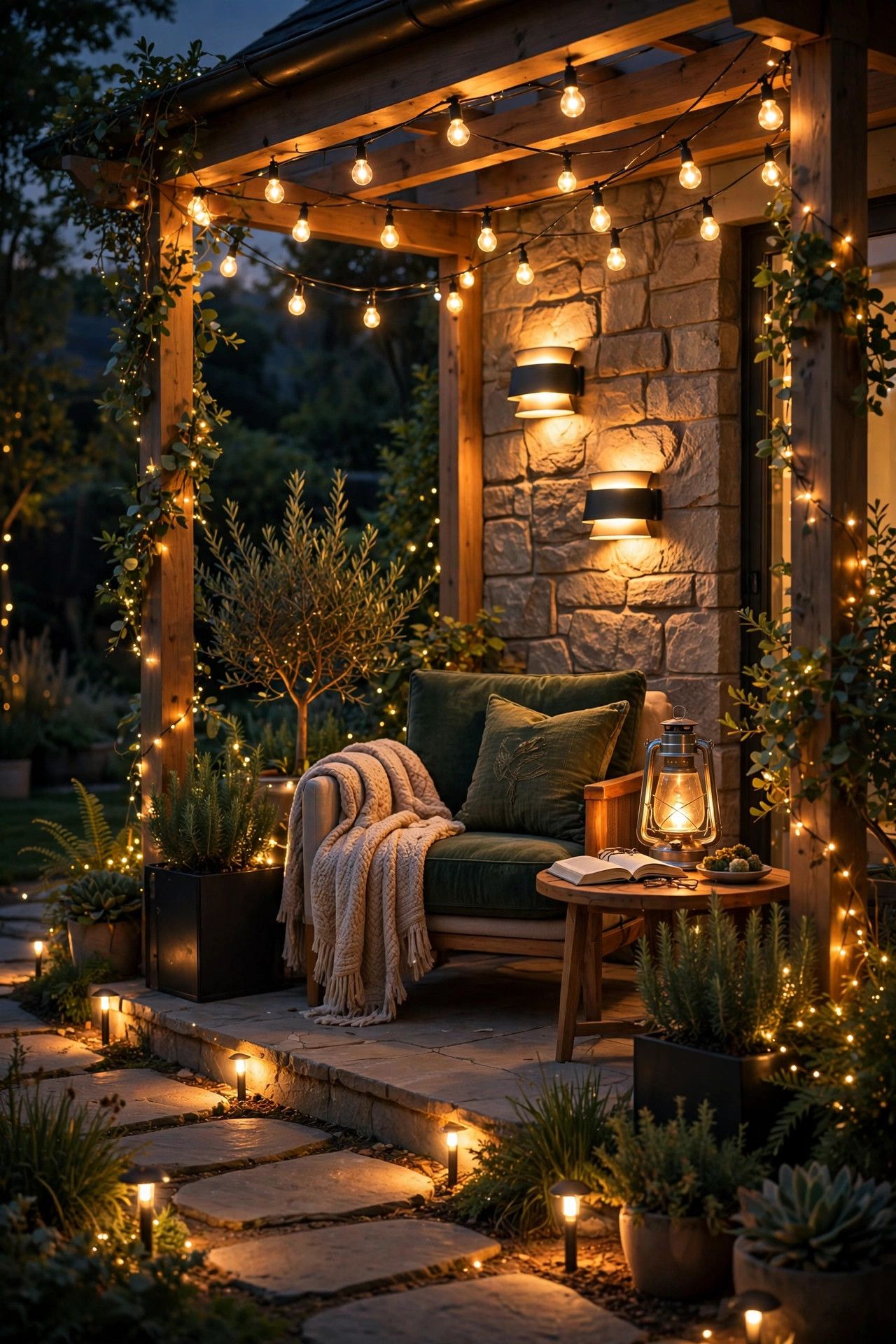 Complete outdoor reading nook at night with layered sconce light, string lights, lantern, fairy lights and path lights all glowing warm