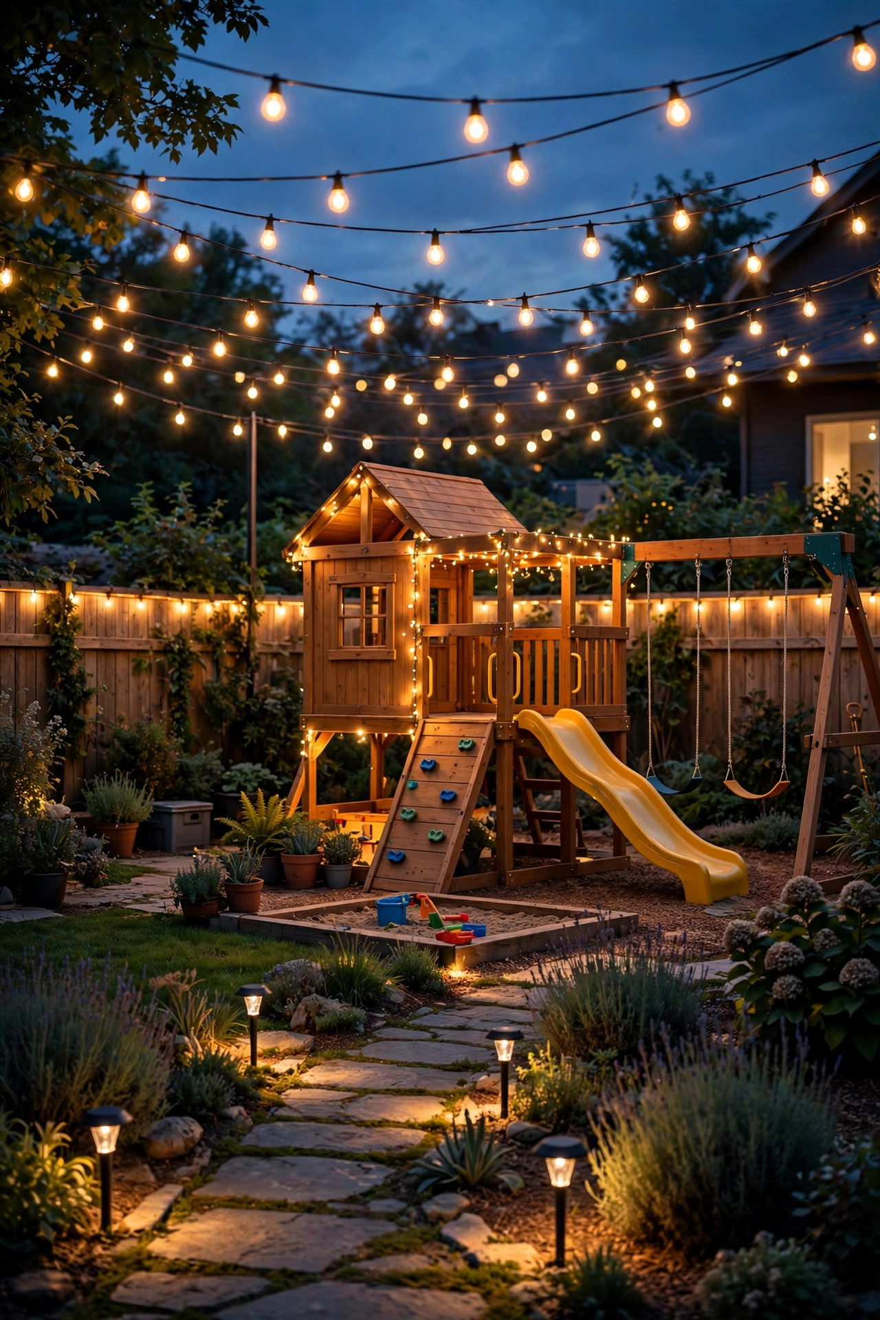 Fully layered kids backyard at dusk with path lights, glowing playset, string light canopy and fence rope light