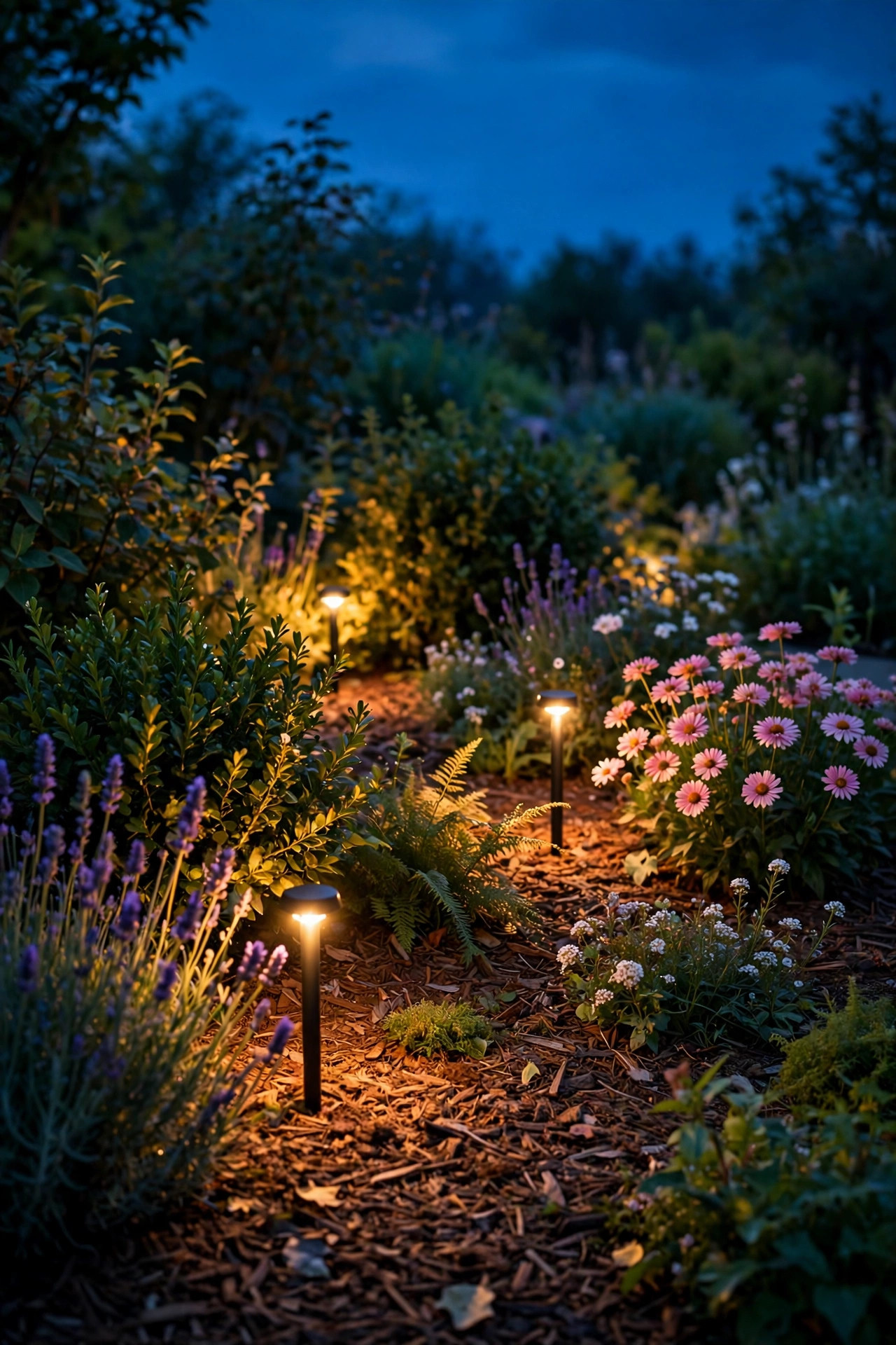 Low stake lights nestled in a mulched garden bed washing shrubs and flowers with warm light at dusk