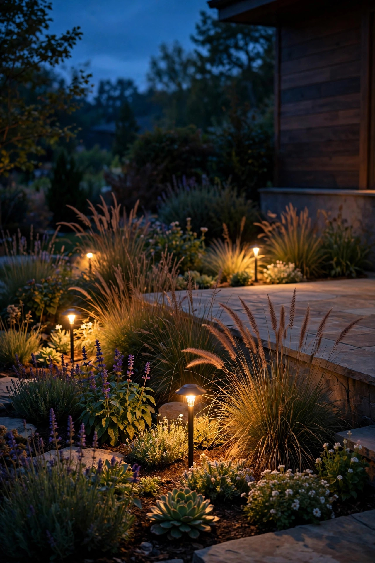 Low garden stake spotlights washing warm light across flower beds and ornamental grasses beside a patio at twilight