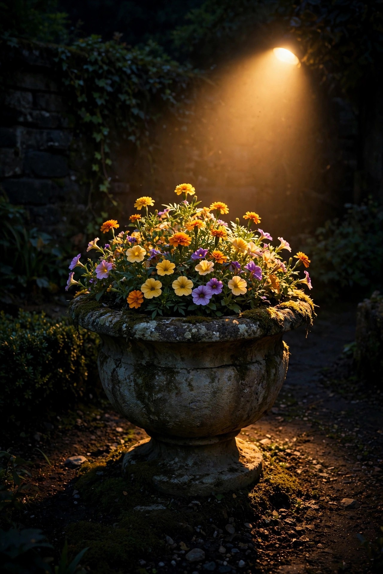 A stone garden urn with flowers glowing under a single warm spotlight in a traditional garden at night