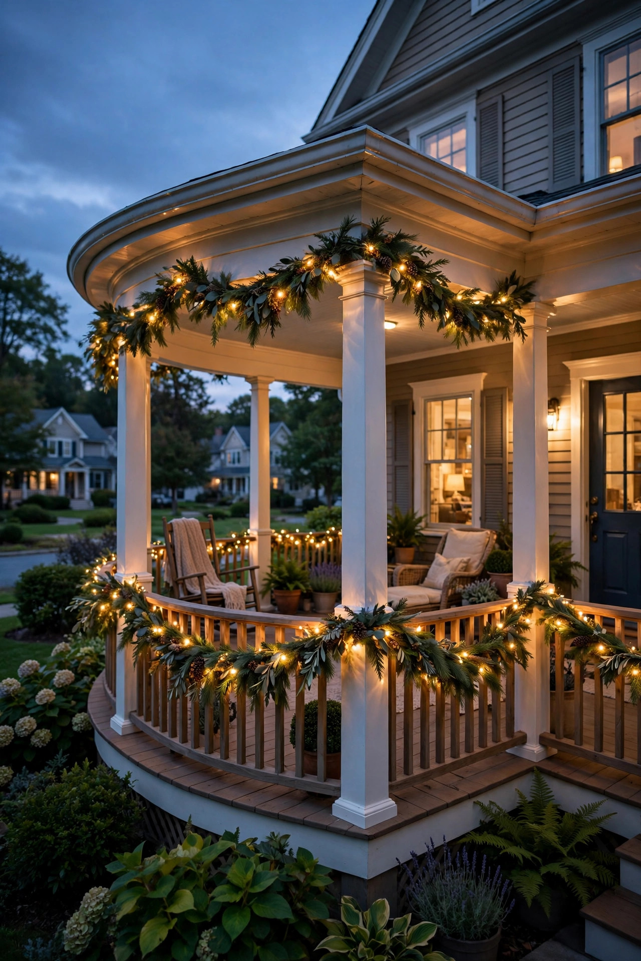 Greenery garland with warm fairy lights woven along the railing of a wraparound porch