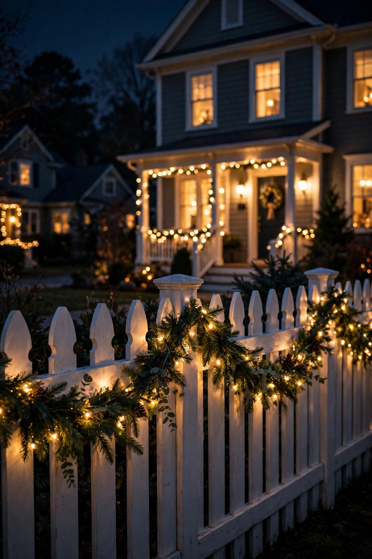 Pre-lit garland strung along a front fence glowing warmly at night