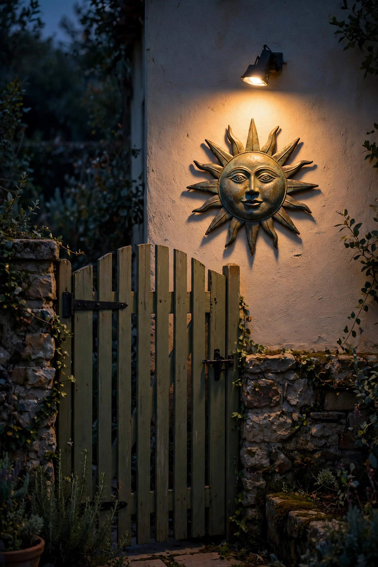 Small wash light illuminating a garden gate and wall-mounted sun sculpture at night