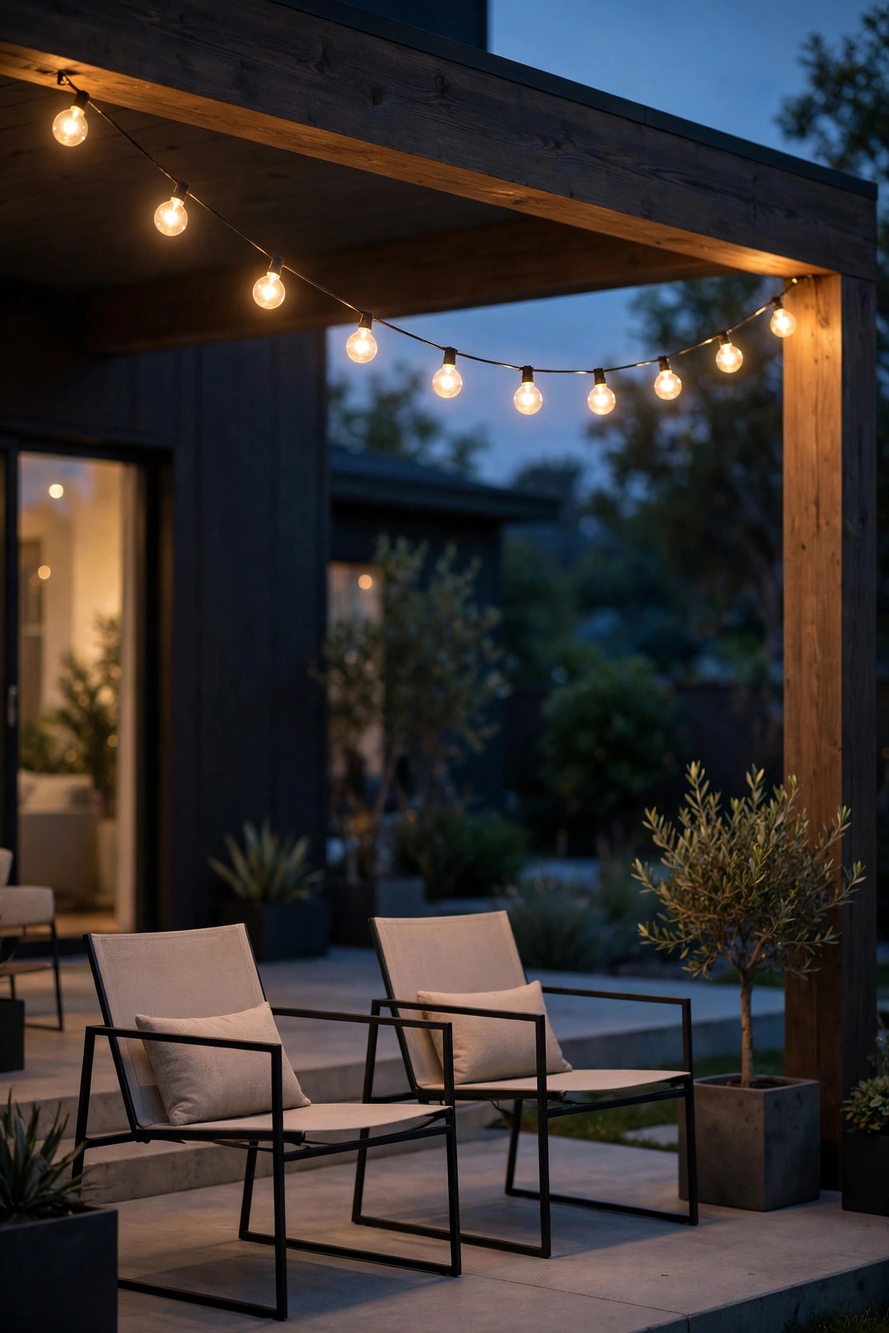 Single clean strand of warm globe string lights along a modern porch beam at dusk above minimalist outdoor chairs