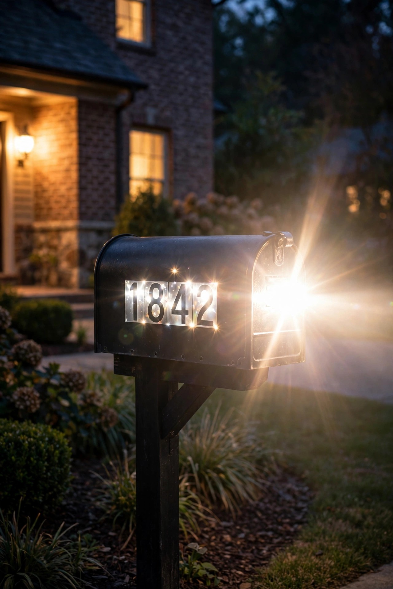 Reflective house numbers on a mailbox flaring brightly in car headlights at night